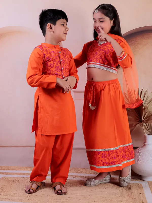 Orange_Pure_Cotton_Printed_Kurta_Pyjama_With_Jacket