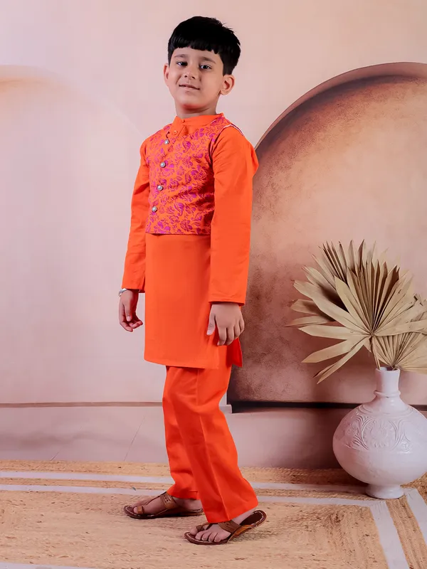 Orange_Pure_Cotton_Printed_Kurta_Pyjama_With_Jacket