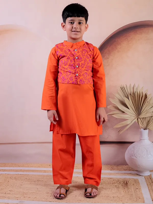 Orange_Pure_Cotton_Printed_Kurta_Pyjama_With_Jacket