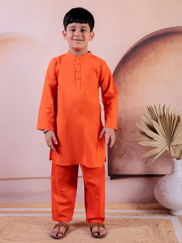 Orange_Pure_Cotton_Printed_Kurta_Pyjama_With_Jacket