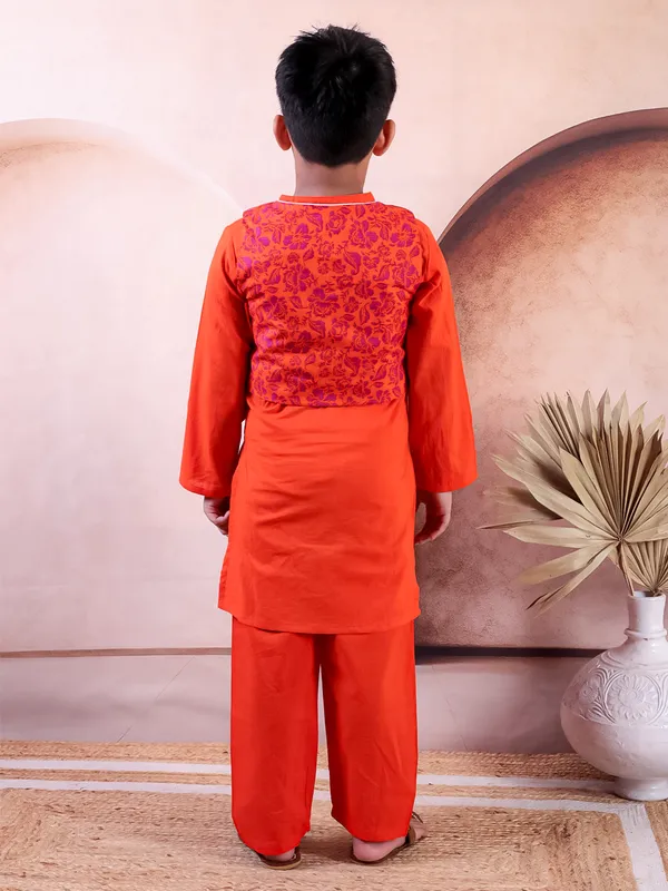 Orange_Pure_Cotton_Printed_Kurta_Pyjama_With_Jacket