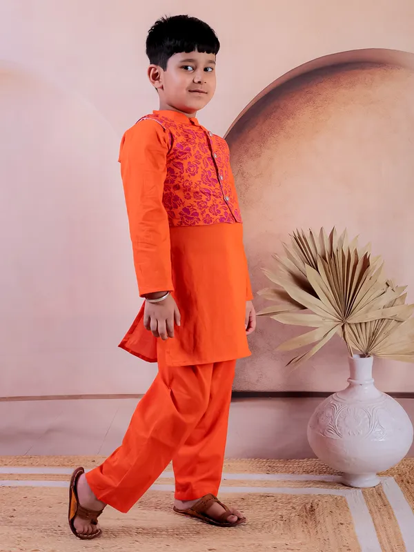 Orange_Pure_Cotton_Printed_Kurta_Pyjama_With_Jacket