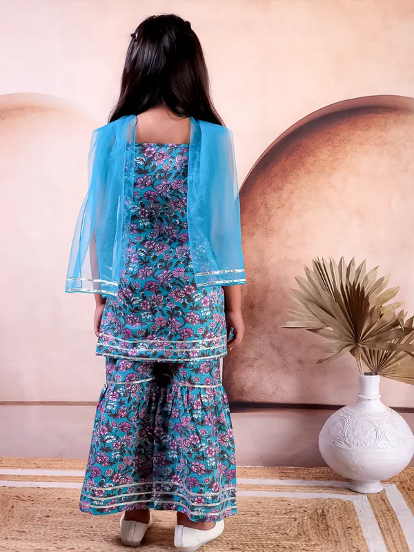Blue_Cotton_Printed_Kurti_With_Sharara_With_Dupatta