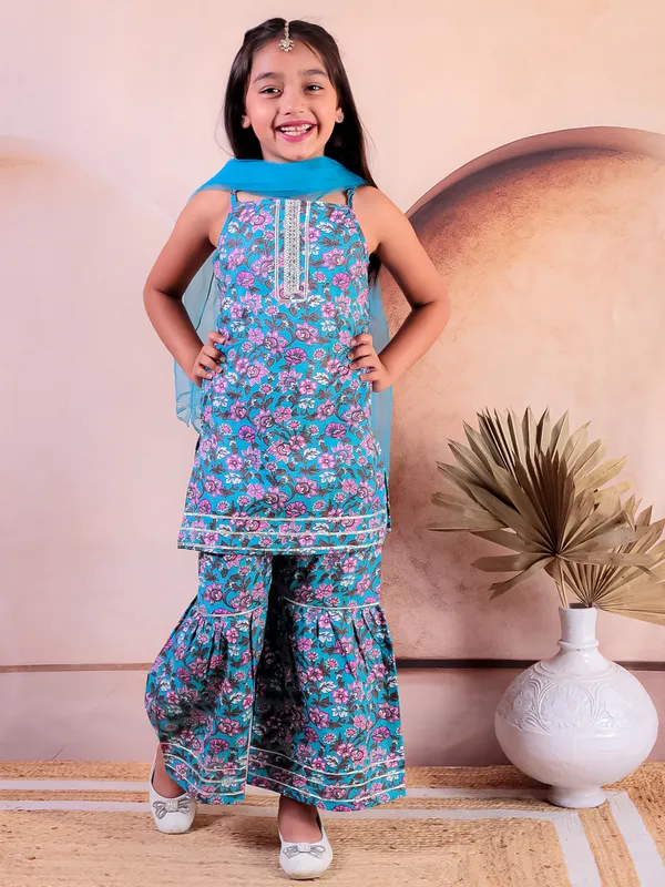 Blue_Cotton_Printed_Kurti_With_Sharara_With_Dupatta