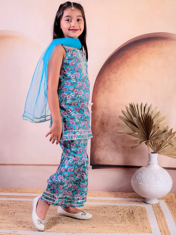 Blue_Cotton_Printed_Kurti_With_Sharara_With_Dupatta