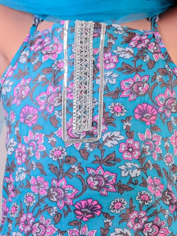 Blue_Cotton_Printed_Kurti_With_Sharara_With_Dupatta