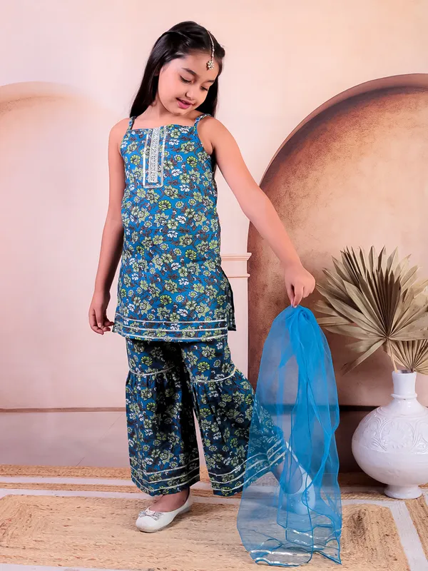 Turquise_Blue_Cotton_Printed_Kurti_With_Sharara_With_Dupatta