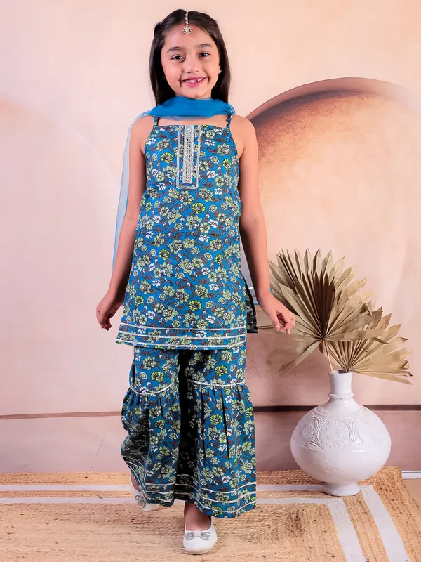 Turquise_Blue_Cotton_Printed_Kurti_With_Sharara_With_Dupatta