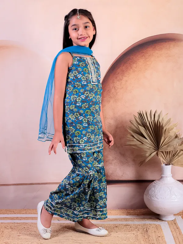 Turquise_Blue_Cotton_Printed_Kurti_With_Sharara_With_Dupatta