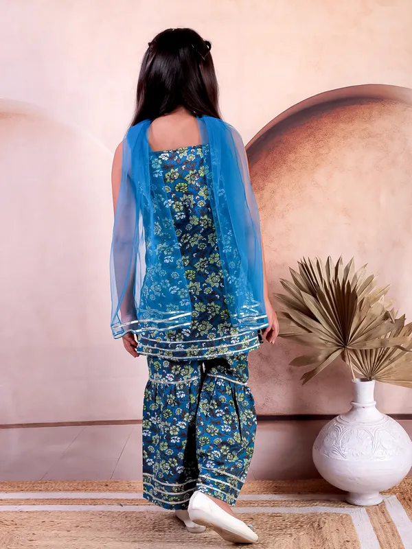 Turquise_Blue_Cotton_Printed_Kurti_With_Sharara_With_Dupatta