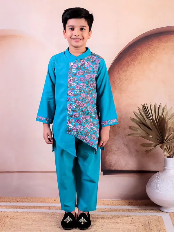 Blue_Pure_Cotton_Printed_Kurta_Pyjama_Set
