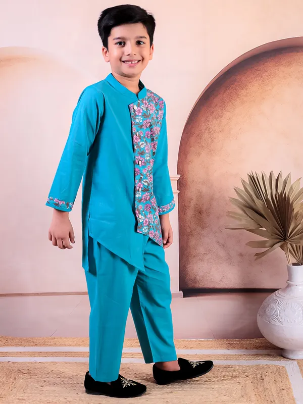 Blue_Pure_Cotton_Printed_Kurta_Pyjama_Set