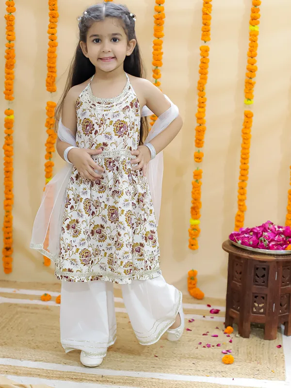 Brown_Floral_Printed_Regular_Pure_Cotton_Kurta_With_Sharara_&_With_Dupatta