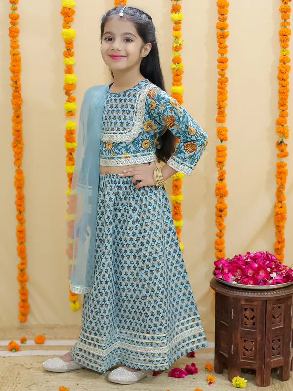 Green_Floral_Printed_Ready_To_Wear_Cotton_Lehenga_&_Choli_With_Dupatta