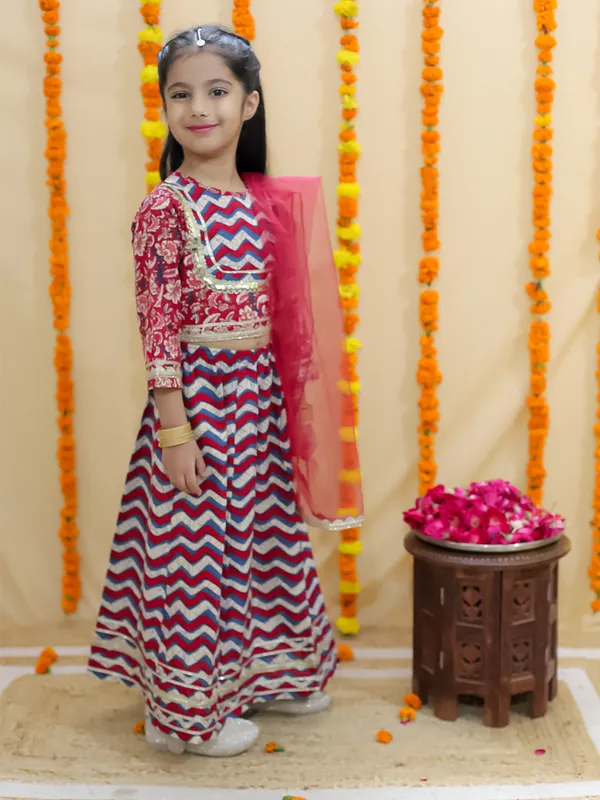 Red_Chevron_Printed_Ready_To_Wear_Cotton_Lehenga_&_Choli_With_Dupatta