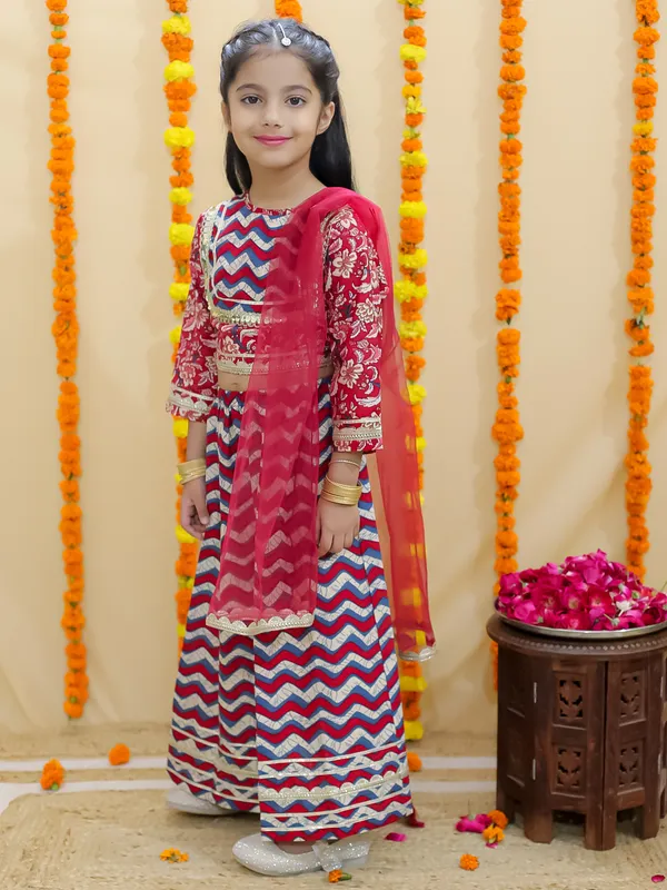 Red_Chevron_Printed_Ready_To_Wear_Cotton_Lehenga_&_Choli_With_Dupatta