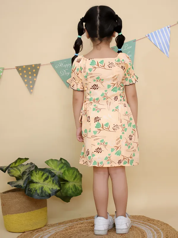 Beige_&_Green_Floral_Print_Puff_Sleeves_Dress