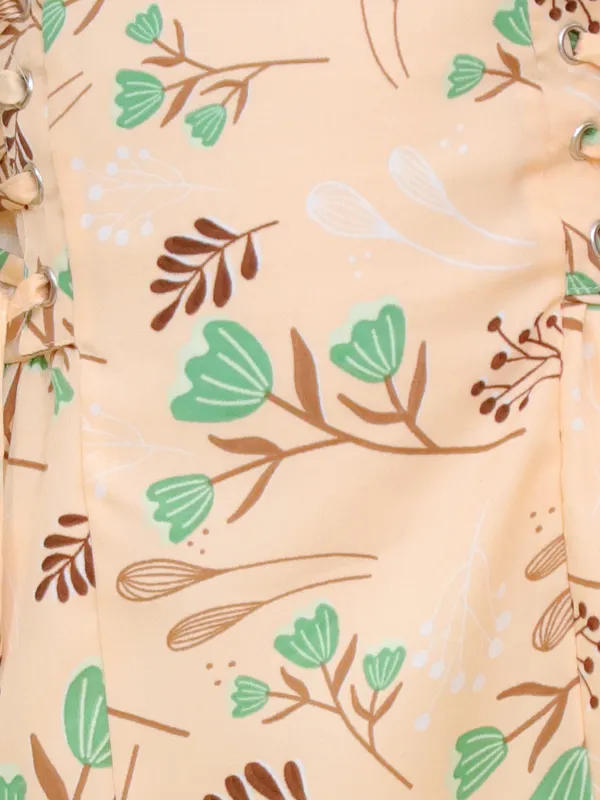 Beige_&_Green_Floral_Print_Puff_Sleeves_Dress