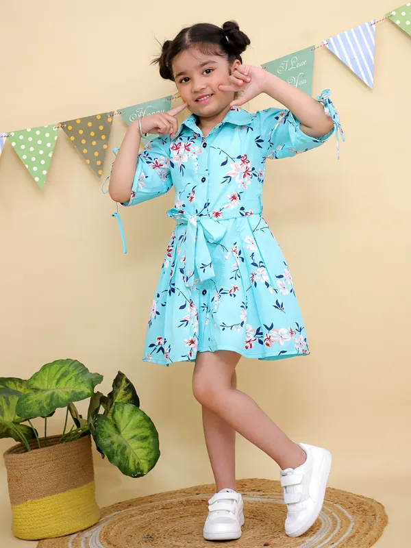 Sky_Blue_Floral_Print_Shirt_Dress_With_Tie_Sleeves