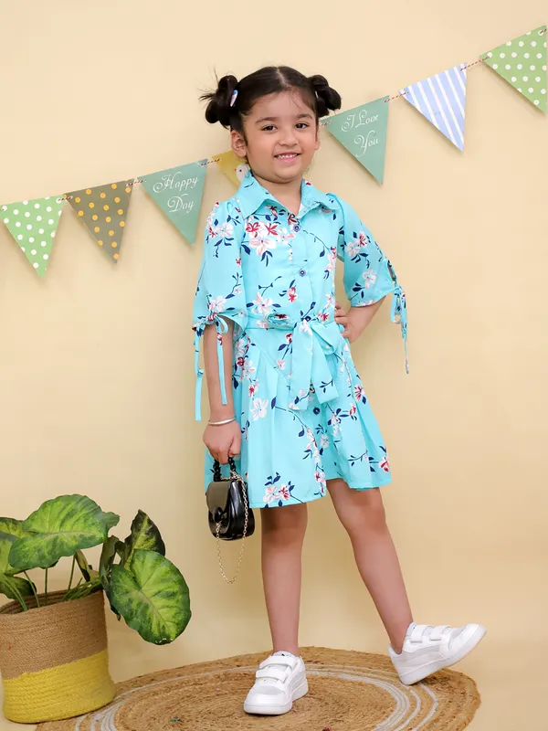 Sky_Blue_Floral_Print_Shirt_Dress_With_Tie_Sleeves