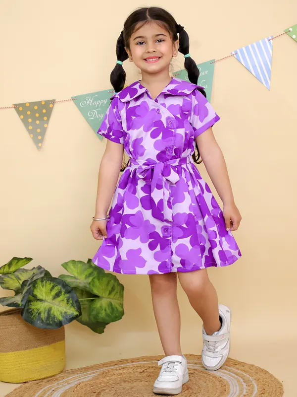 Purple_Floral_Print_Short_Sleeve_Dress_With_Belt