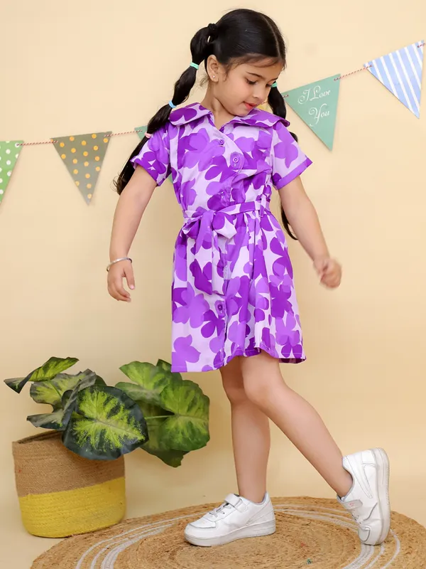 Purple_Floral_Print_Short_Sleeve_Dress_With_Belt