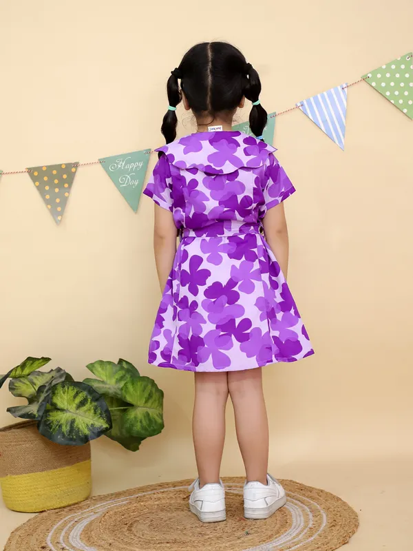Purple_Floral_Print_Short_Sleeve_Dress_With_Belt
