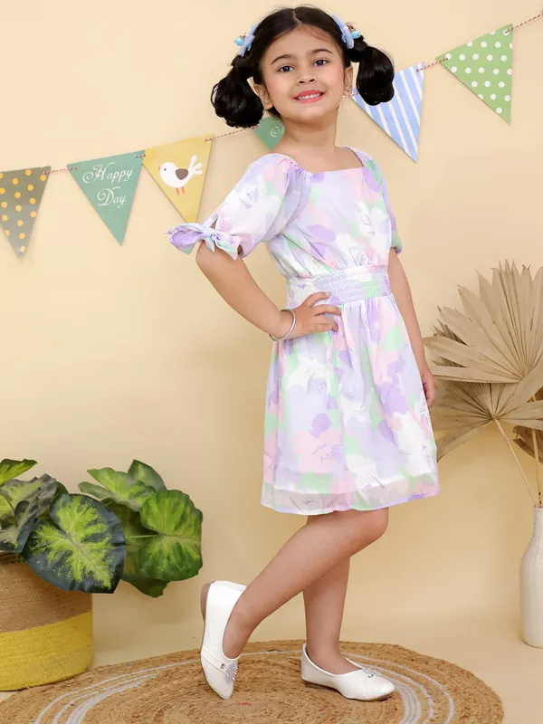 Purple_Pastel_Floral_Print_With_Puff_Sleeves_Smocked_Waist_Dress