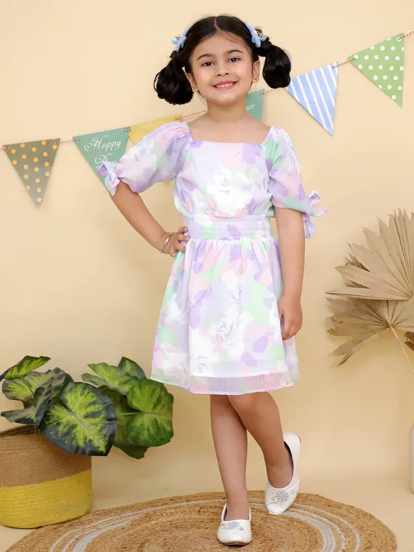 Purple_Pastel_Floral_Print_With_Puff_Sleeves_Smocked_Waist_Dress