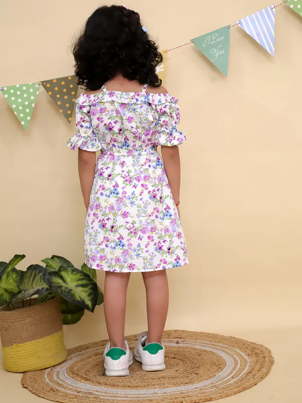 White_&_Purple_Floral_Print_Ruffle_Sleeves_Dress