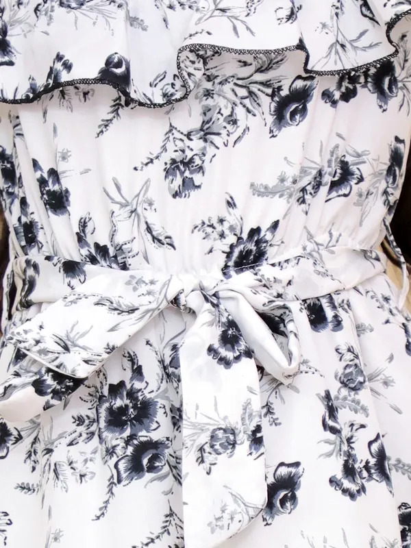 White_And_Black_Floral_Print_Ruffle_Sleeve_Cold_Shoulder_Dress