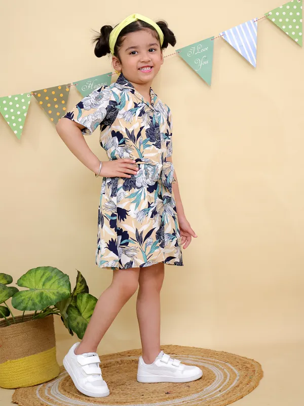 Beige_&_Black_Floral_Print_Short_Sleeve_Shirt_Dress