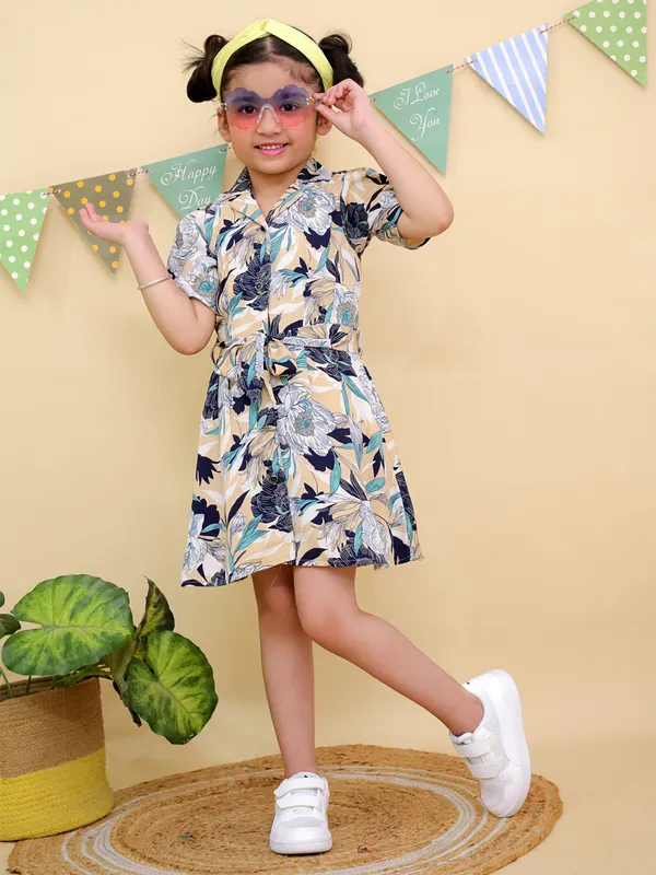 Beige_&_Black_Floral_Print_Short_Sleeve_Shirt_Dress
