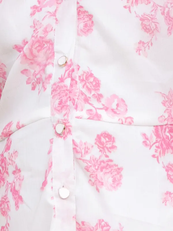 White_&_Pink_Floral_Print_3/4_Sleeve_With_Ruffle_Hem_Cold_Shoulder_Dress