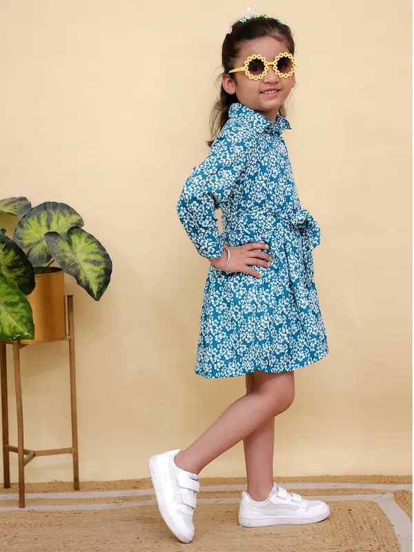 Blue_&_White_Floral_Print_Full_Sleeves_Shirt_Dress