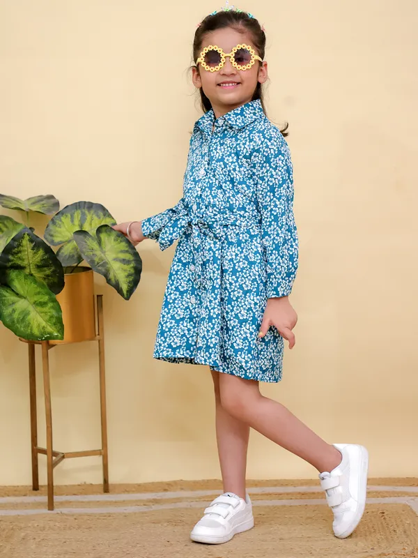 Blue_&_White_Floral_Print_Full_Sleeves_Shirt_Dress