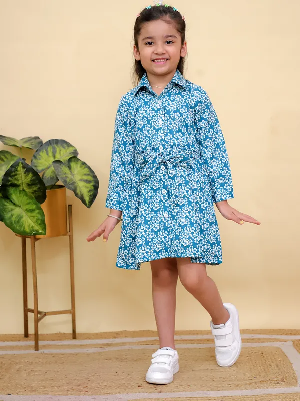 Blue_&_White_Floral_Print_Full_Sleeves_Shirt_Dress