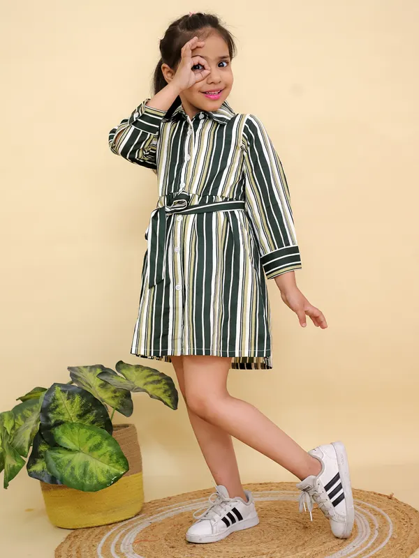 Green_&_Beige_Striped_Long_Sleeve_Shirt_Dress_With_Belt_Tie_Waist
