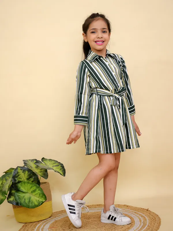 Green_&_Beige_Striped_Long_Sleeve_Shirt_Dress_With_Belt_Tie_Waist