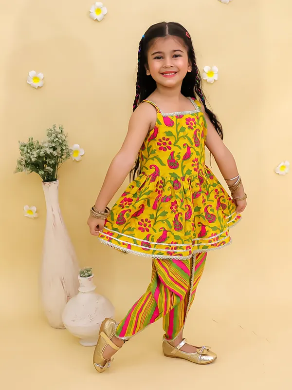 Junitos_Cotton_Woven__Sleeveless_Floral_Printed_kurti_Dhoti_Shalwar__-Musturd