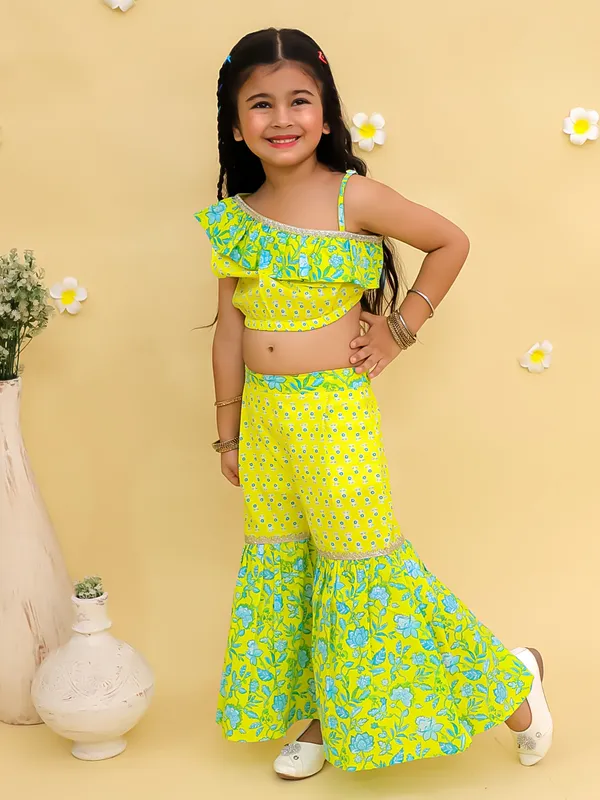 Junitos_Cotton_Woven__One_Shoulder_off_Printed__Top_with_Sharara__-_Lemon_Green