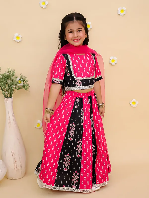 Junitos_Cotton_Woven_Short_Sleeve_Floral_Printed_Kali_Lehenga_Choli_with_Dupatta_-Pink_&_Black