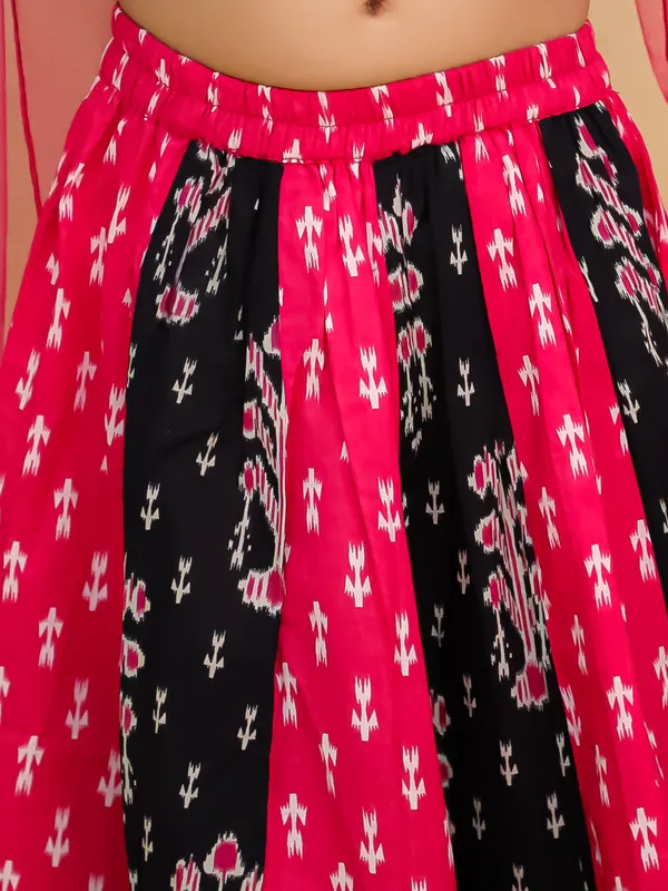 Junitos_Cotton_Woven_Short_Sleeve_Floral_Printed_Kali_Lehenga_Choli_with_Dupatta_-Pink_&_Black