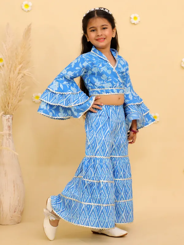 Junitos_Pure_Cotton_Woven_Full_Sleeves_Frill_Leaf_Top_with_Stripe_Printed_sharara_Indo_Western_Set -Sky_Blue