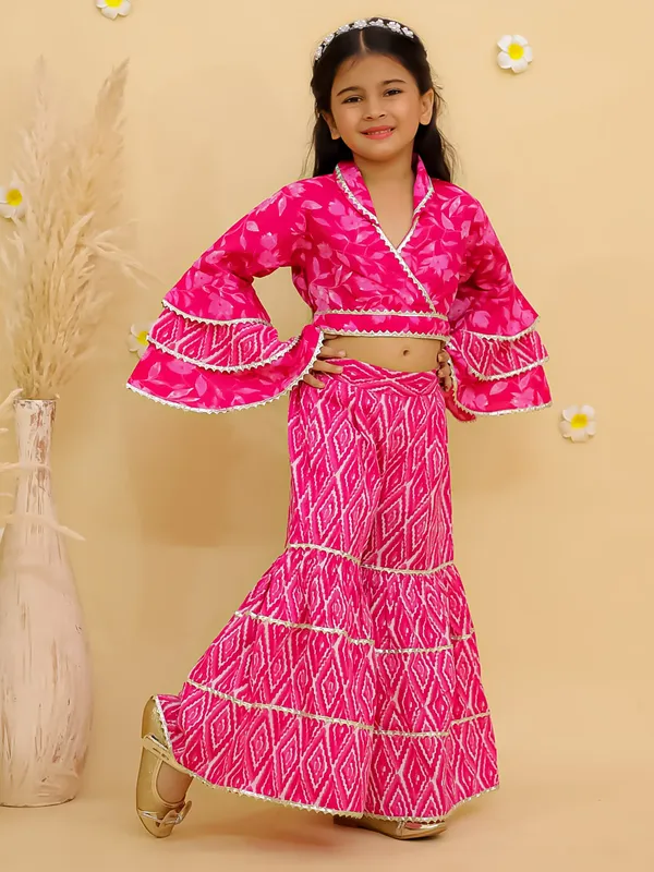 Junitos_Pure_Cotton_Woven_Full_Sleeves_Frill_Leaf_Top_with_Stripe_Printed_sharara_Indo_Western_Set -Pink