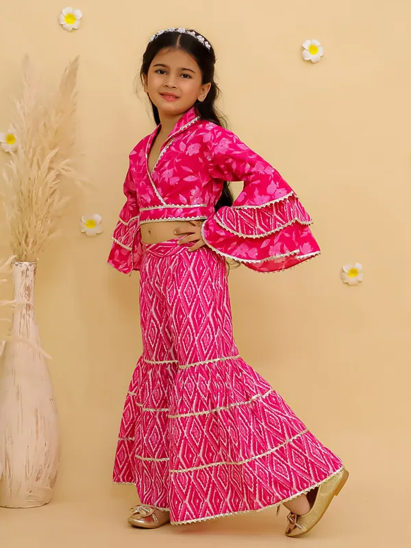 Junitos_Pure_Cotton_Woven_Full_Sleeves_Frill_Leaf_Top_with_Stripe_Printed_sharara_Indo_Western_Set -Pink