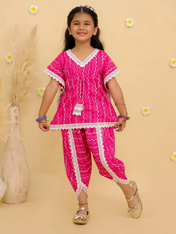 Junitos_Pure_Cotton_Woven_Short_Sleeves_Top_with_Stripe_Printed_Dhoti__Indo_Western_Set -Pink