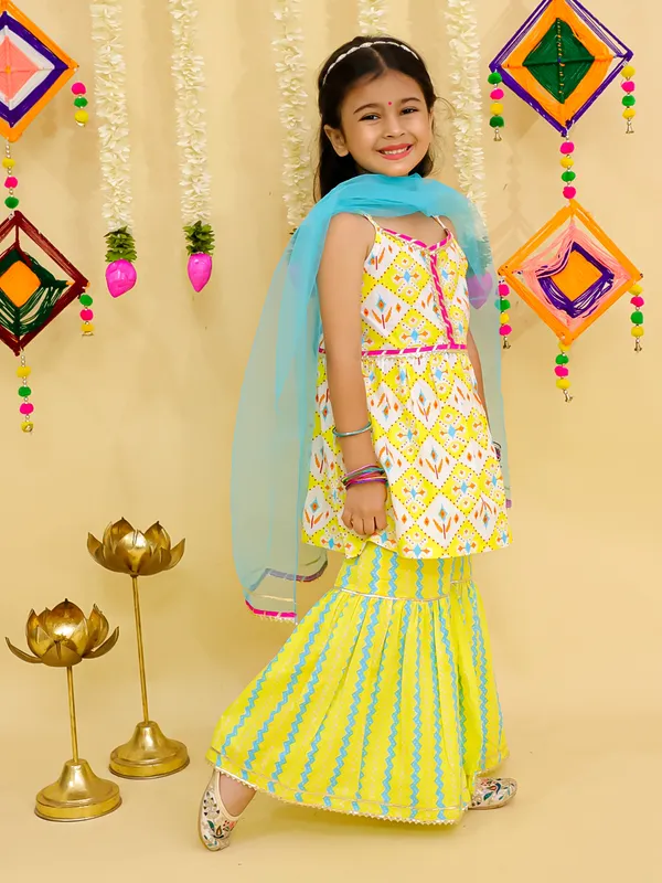 Junitos_Pure_Cotton_Woven_Sleevesless_Chervon_printed_Kurti_Sharara_with_Dupatta -Yellow