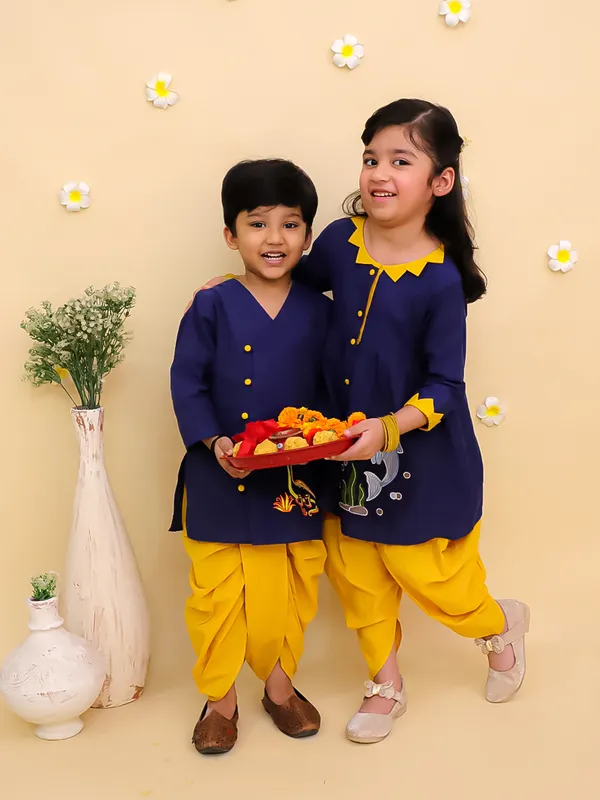 Junitos_Cotton_Woven_Three_Fourth_Sleeves_Embroidered_Kurti_Dhoti_Set_-_Blue