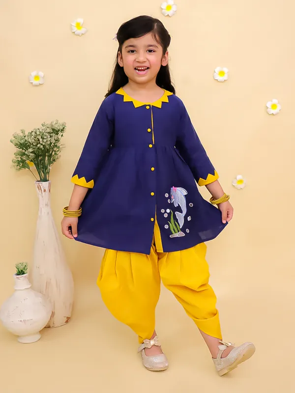 Junitos_Cotton_Woven_Three_Fourth_Sleeves_Embroidered_Kurti_Dhoti_Set_-_Blue